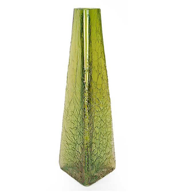 A Bohemian Glass Vase in the Style of Loetz.: A Bohemian Glass Vase in the Style of Loetz. Olive green triangular glass vase with "alligator skin" decoration along the exterior. Unsigned Height: 9"