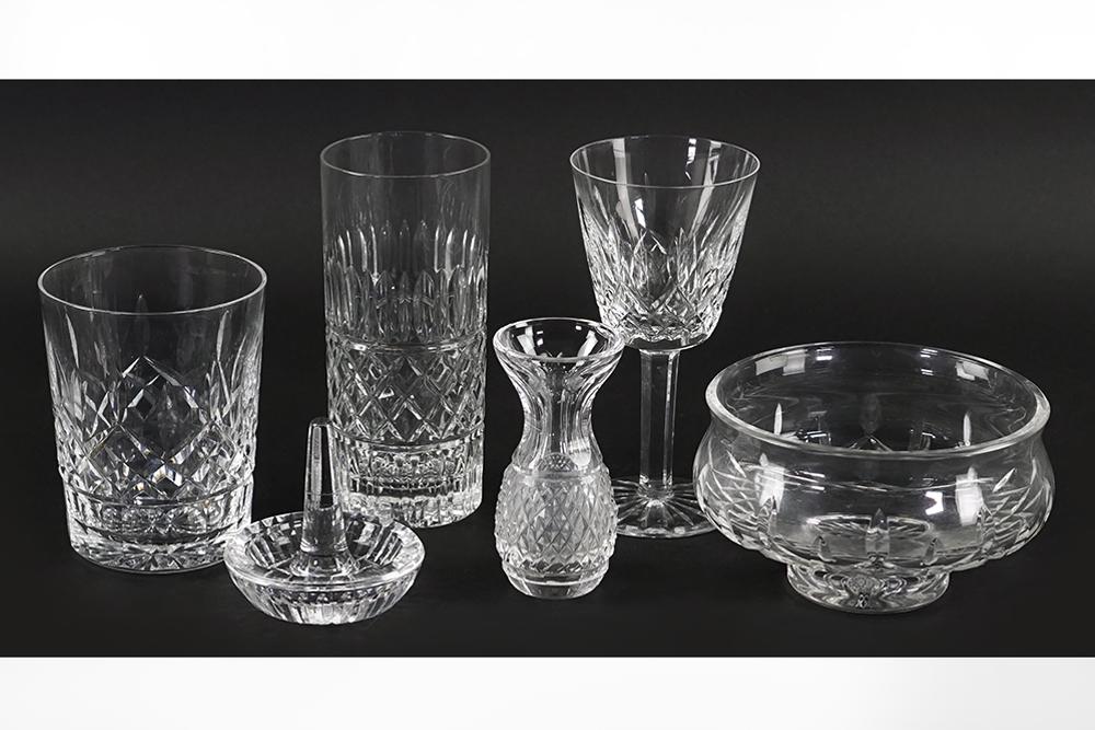 A Collection of Waterford Crystal.: A Collection of Waterford Crystal. Including six wine glasses and two double old fashioned glasses in the Lismore pattern, a bud vase, a ring dish, and a small bowl. Together with a set of eight iced 