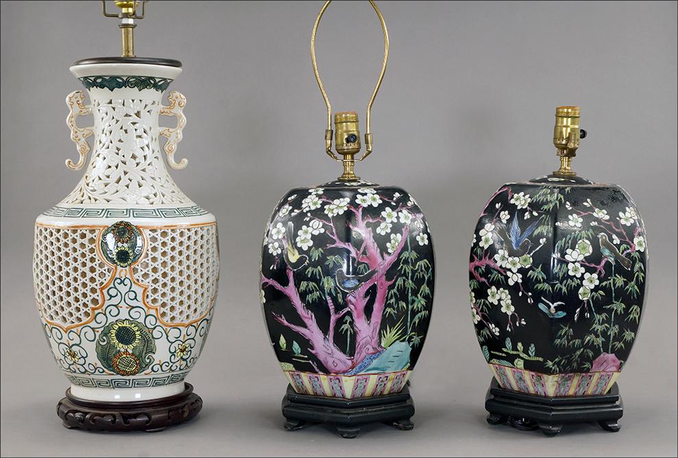 A Pair of Chinese Porcelain Covered Jars.: A Pair of Chinese Porcelain Covered Jars. Fitted for use as lamps. Together with a Chinese reticulate porcelain vase fitted as a lamp Pair height to top of socket: 16.5"