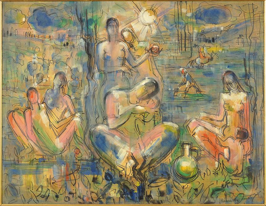 Gyorgy Ruzicskay (Hungarian, 1896-1993) La Vie.: Gyorgy Ruzicskay (Hungarian, 1896-1993) La Vie. Oil on masonite, signed lower right; signed and titled en verso 19.75" x 25.5" Frame: 25.25" x 31"