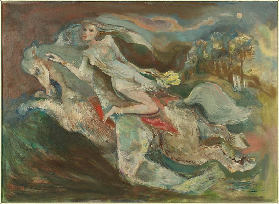 Lester O. Schwartz (American, 1912-2005) Woman on: Lester O. Schwartz (American, 1912-2005) Woman on Horseback. Oil on canvas mounted to board, signed lower right and dated 1945, in artist's frame 25" x 34.5" Frame: 31.5" x 41"