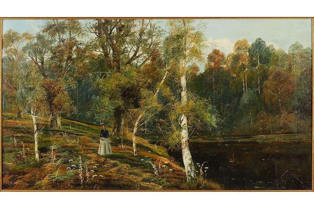 Theodore Hines (British, active 1876-1889) Silver: Theodore Hines (British, active 1876-1889) Silver Birches. Oil on canvas, signed lower left 18" x 32" Frame: 25.5" x 39.5"