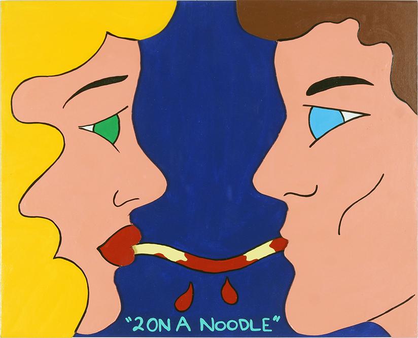 Karen Barone (American, Contemporary) 2 On a Noodle.: Karen Barone (American, Contemporary) 2 On a Noodle. Acrylic on masonite. Titled lower center, signed and titled en verso. Provenance: Incognito Benefit Art Exhibition and Sale, Santa Monica Museum of