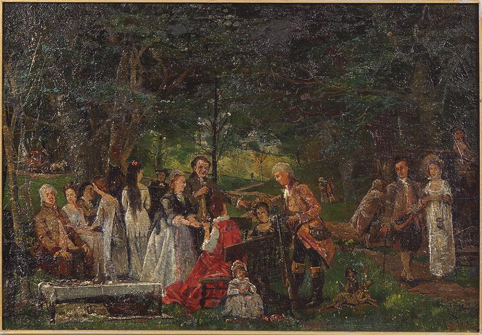 C.J. Tiscus (19th Century) Fete Champetre.: C.J. Tiscus (19th Century) Fete Champetre. Oil on panel, signed lower right 9.75" x 14" Frame: 16" x 20.25"