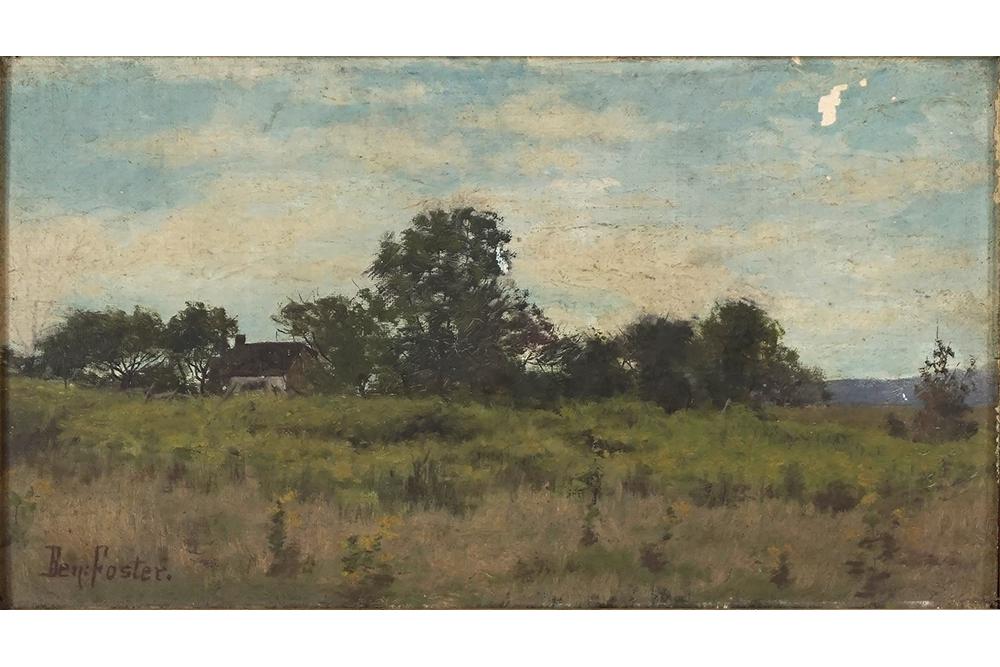 Ben Foster (American, 1852-1926) Landscape with House.: Ben Foster (American, 1852-1926) Landscape with House. Oil on board, signed lower left 7.5" x 13.25" Frame: 11.25" x 17"