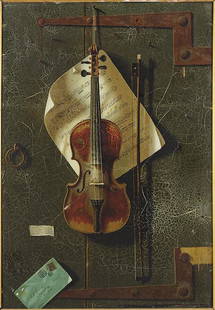 After William Michael Harnett (American, 1848-1892) The: After William Michael Harnett (American, 1848-1892) The Old Violin. Chromolithograph on glass, 1887, published by F. Tuchfarber, Cincinnati, OH 35" x 24" Frame: 36.75" x 25.5"