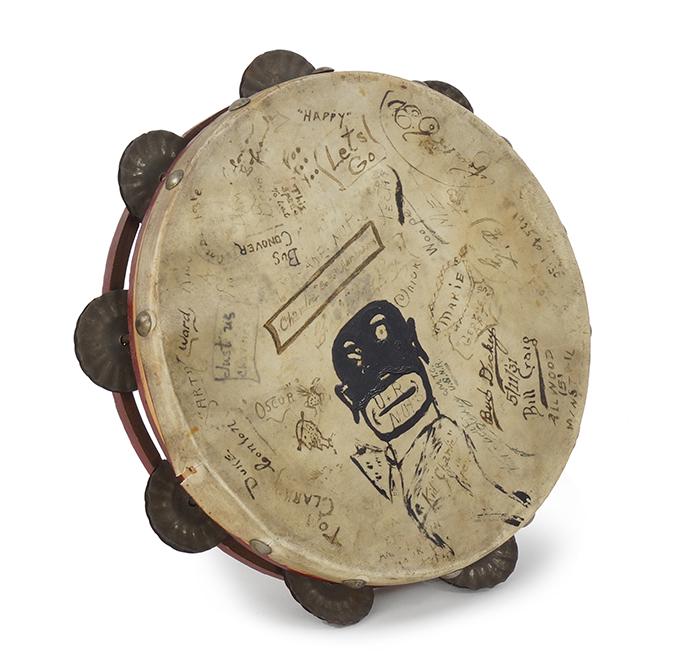 Artist Unknown (American, 20th Century) Tambourine.: Artist Unknown (American, 20th Century) Tambourine. Painted leather, wood and steel with numerous autographs and inscriptions. Unframed Diameter: 9"