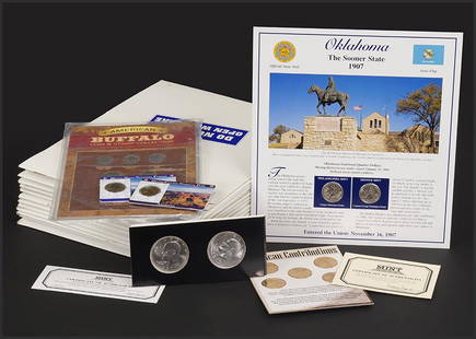 PCS Stam and Coin State Quarters.: PCS Stam and Coin State Quarters. Consisting of a collection of over 40 statehood quarters and stamp from PCS Stamps and Coins, many unopened. Together with Buffalo coin card and stamps, Eisenhower do