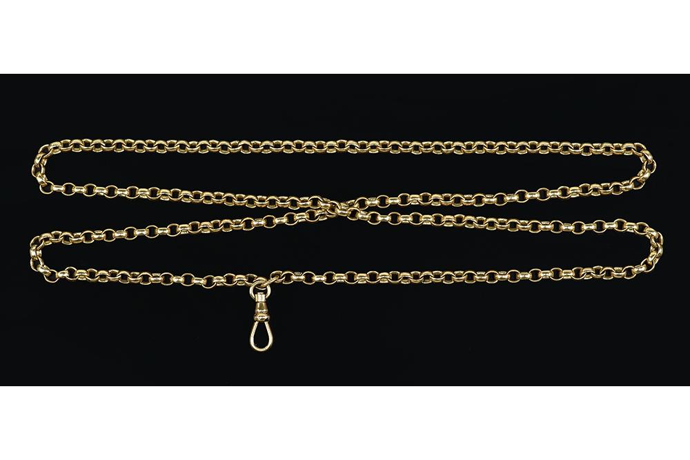 A Goldfilled Necklace.: A Goldfilled Necklace. Yellow link necklace leads into a goldfilled watch fob bail Length: 32" Wt: 27.2 grams