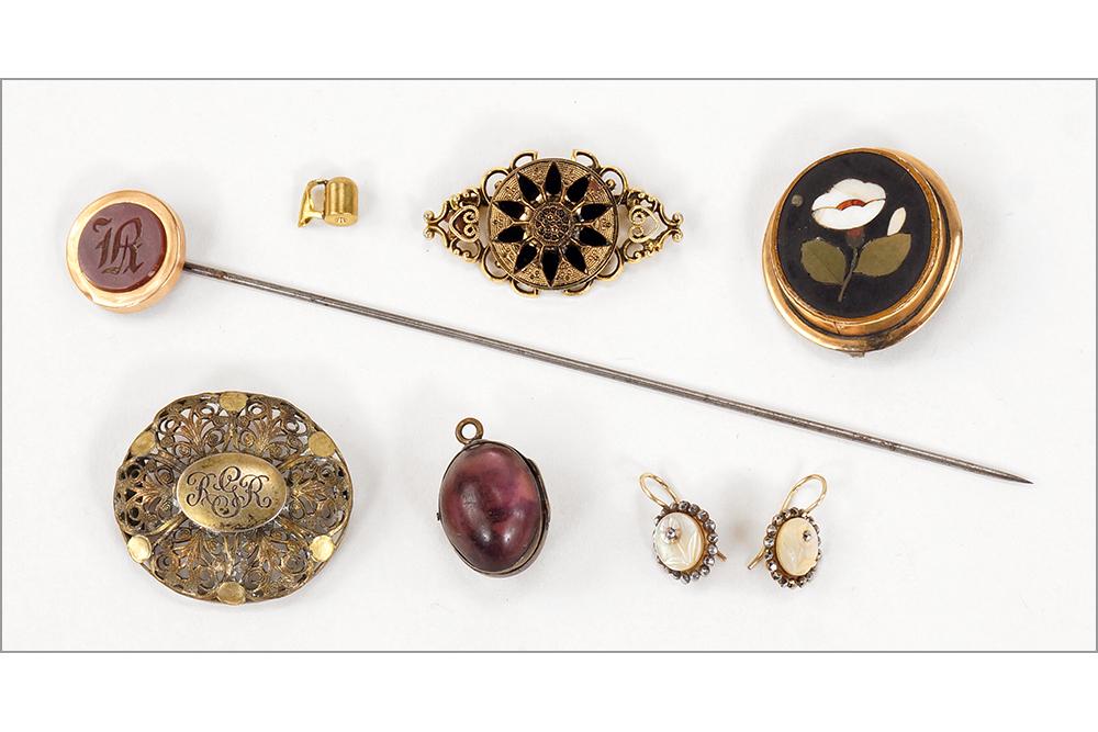 A Pair of Cut Steel and Mother-of-Pearl Earrings.: A Pair of Cut Steel and Mother-of-Pearl Earrings. Together with a pietra dura brooch, two Victorian brooches, one locket and one hat pin with intaglio carnelian and goldfilled end