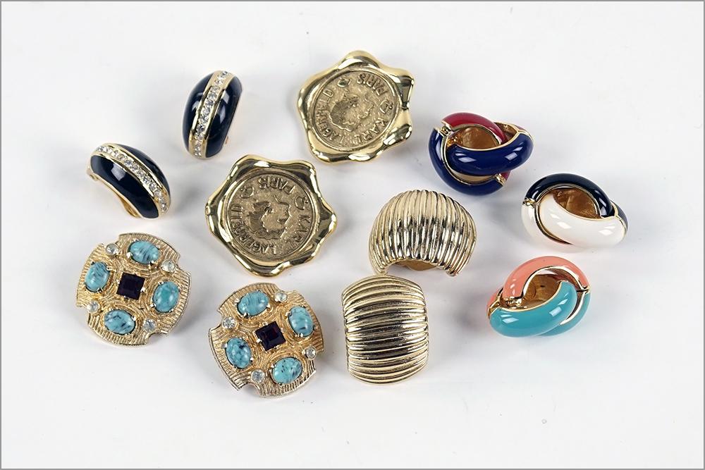 A Pair of Karl Lagerfeld Coin Earclips.: A Pair of Karl Lagerfeld Coin Earclips. Together with a pair of Bellini faux turquoise earclips, a pair of Givenchy goldtone earclips, a pair of Christian Dior black enamel and rhinestone earclips and
