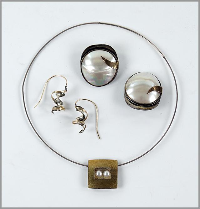A Pair of Sterling Silver and 14 Karat Yellow Gold: A Pair of Sterling Silver and 14 Karat Yellow Gold Wireback Earrings. Together with a pair of Eve Alfille sterling silver, gold and pearl earclips and a sterling silver and 18 karat yellow gold pendan
