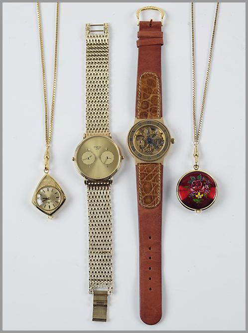 Two Bucherer Pendant Watches.: Two Bucherer Pendant Watches. Each with a goldtone box link necklace and their original boxes. Together with a Breil watch and a Fred watch. Susanin's will not comment on the working condition of any
