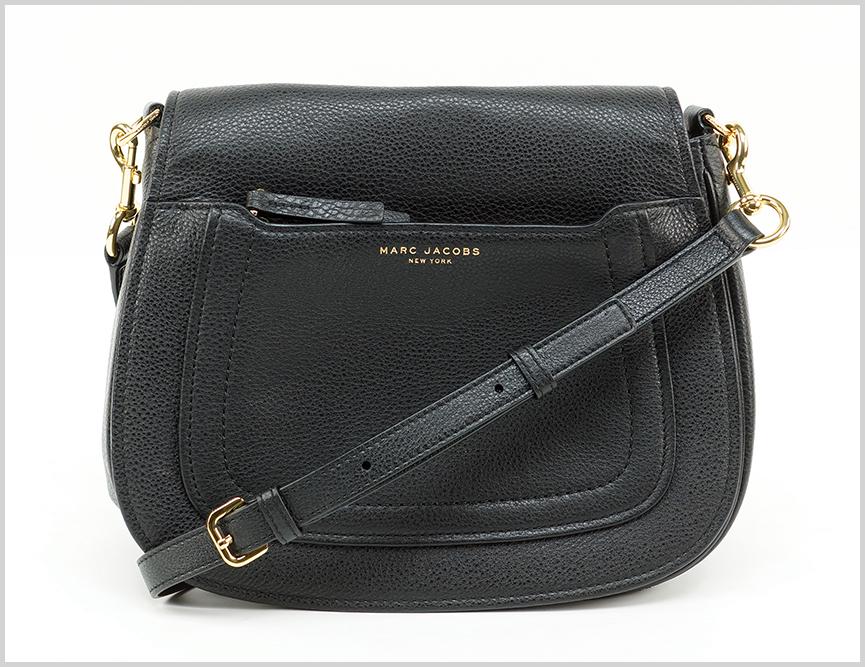 A Marc Jacobs Handbag.: A Marc Jacobs Handbag. Empire City crossbody messenger black leather bag with an exterior zip pocket on the foldover closure 9.5" x 12" x 4"