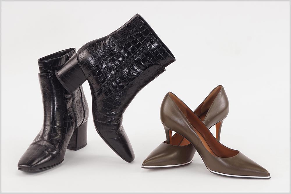 Two Pairs of Givenchy Shoes.: Two Pairs of Givenchy Shoes. Comprising a pair of dark green leather and metal heels (Size: 38) and a pair of black embossed leather boots (Size: 38 1/2)