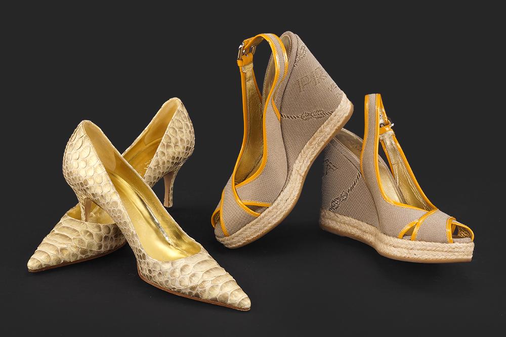 A Pair of Prada Espadrille Wedge Shoes.: A Pair of Prada Espadrille Wedge Shoes. Tan raffia and logo print canvas with mustard yellow patent leather trim (Size 39). Together with a pair of Gucci gold snakeskin hells (Size: 8B)