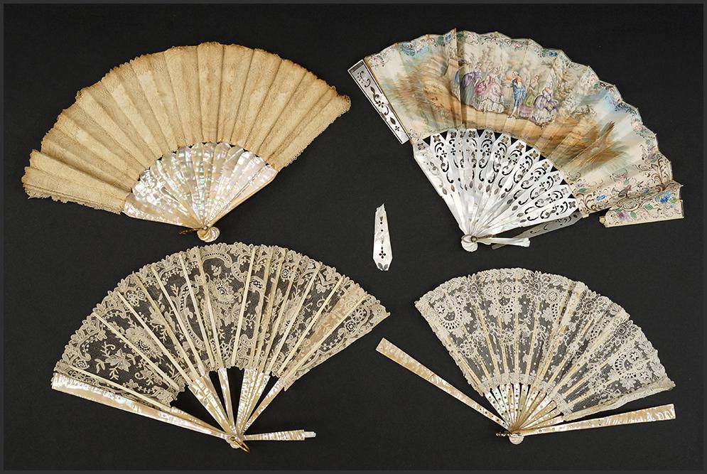 A Collection of Fans.: A Collection of Fans. Comprising four antique mother of pearl handle fans.Â Featuring a Belgian point de grace needle lace fan, a lace and sequins fan, an Italian lace fan and a french painted scen