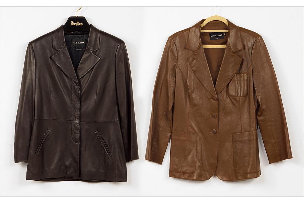 Two Giorgio Armani Leather Jackets.: Two Giorgio Armani Leather Jackets. Comprising a brown leather three button jacket (Size: 44) and a black leather five button jacket (Size: 48)
