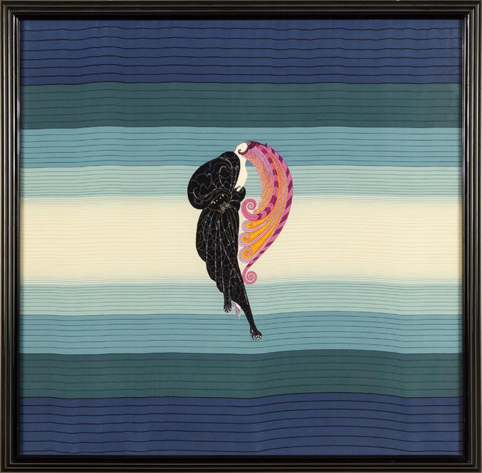 After Erte (Romain de Tirtoff, Russian-French,: After Erte (Romain de Tirtoff, Russian-French, 1892-1990) Beauty and the Beast. Printed scarf after the Erte design 32" x 32" Frame: 34.75" x 34.75"