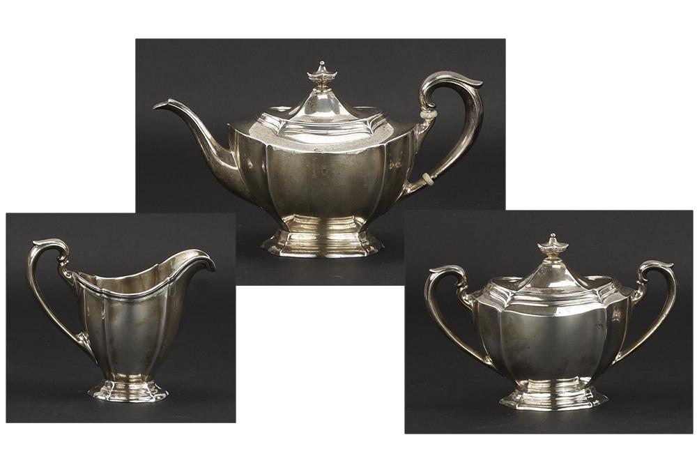 A Dominick & Haff Sterling Silver tea Service.: A Dominick & Haff Sterling Silver tea Service. Comprising a teapot, a creamer and a covered sugar bowl Wt of all: 40.85 ozt