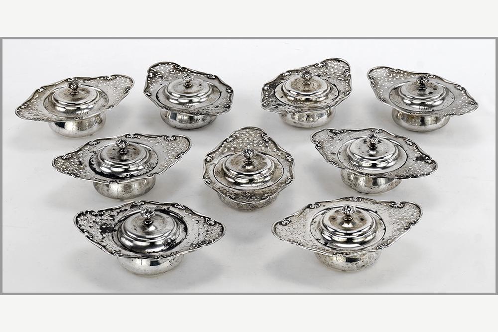 A Set of Nine Sterling Silver Pots De Creme. (1 of 1)
