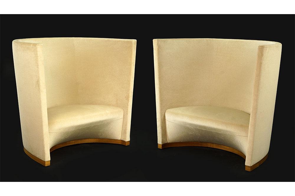 A Pair of Holly Hunt Barrel Chairs.: A Pair of Holly Hunt Barrel Chairs. High back barrel chairs in a velveteen fabric 45" x 51" x 23" Seat height: 16"