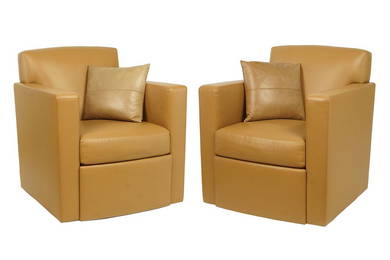 A Pair of Holly Hunt Tan Leather Armchairs.