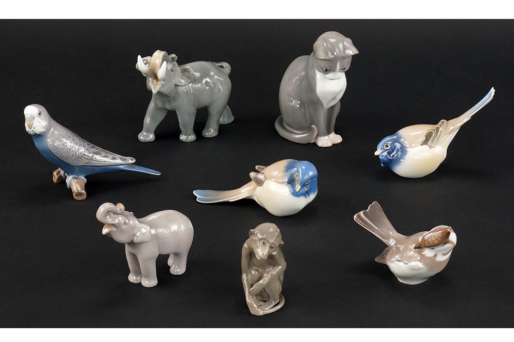 A Collection of Bing & Grondahl Porcelain Animals.: A Collection of Bing & Grondahl Porcelain Animals. Including four birds, an elephant, a cat, and a monkey. Together with a Royal Copenhagen porcelain elephant Tallest: 5"