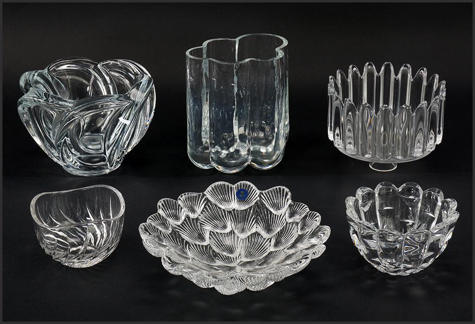 A Rune Strand for Kosta Boda 'Sea' Glass Vase.: A Rune Strand for Kosta Boda 'Sea' Glass Vase. Together with a Royal Copenhagen shell form glass bowl, a Verre France glass bowl, an Orrefors glass bowl, and two unsigned glass bowls Kosta Boda height