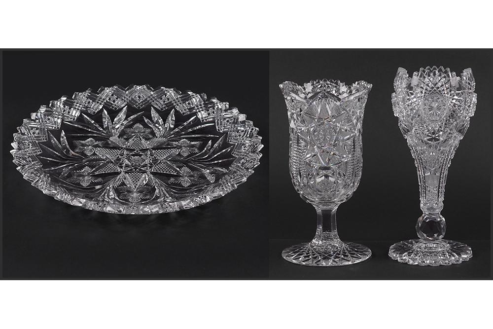 A Libbey American Brilliant Cut Glass Tray.: A Libbey American Brilliant Cut Glass Tray. Featuring the signed Libbey acid etched tray with the cutting in the manner of W.C. Anderson, with a central pyramidal hobstar radiating to a six point star