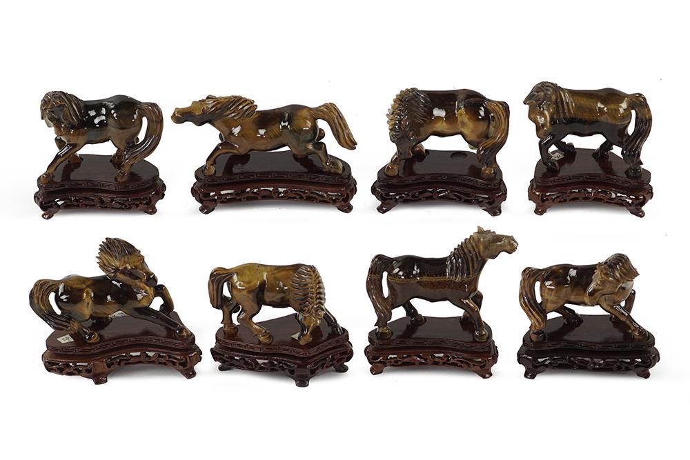 Eight Chinese Carved Tiger's Eye Horse Figures. (1 of 1)