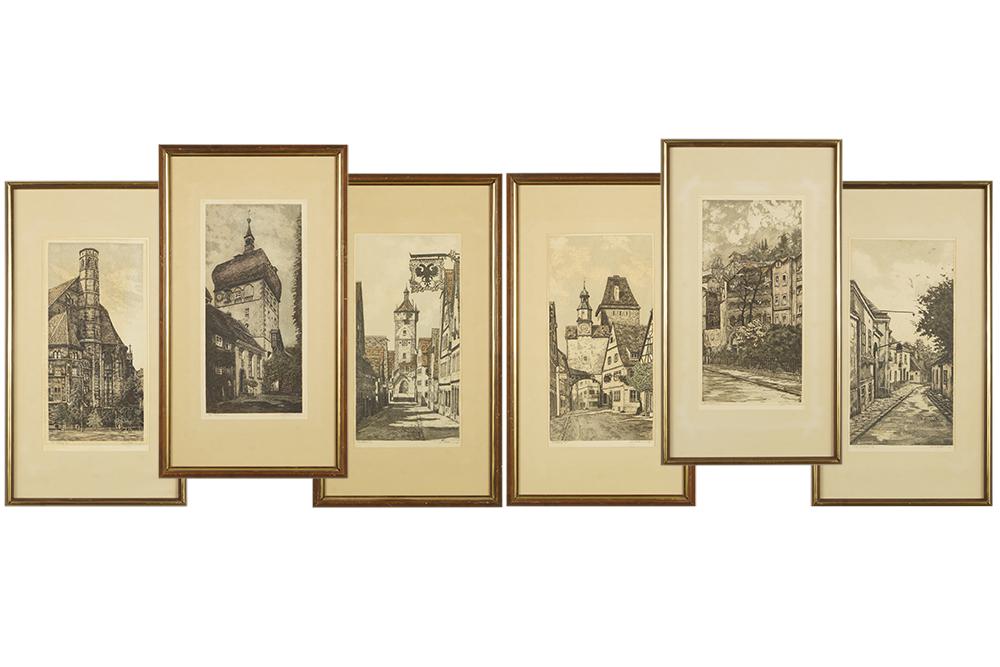 L. Mariae (Hungarian, 20th Century) A Collection of: L. Mariae (Hungarian, 20th Century) A Collection of Etchings. Six views of medieval cities, some hand colored, each pencil signed lower right and numbered from editions of 50, 60, or 75 Each approx: 1