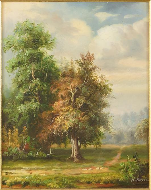 K. Rossi (British, Contemporary) Landscape.: K. Rossi (British, Contemporary) Landscape. Oil on panel, signed lower right 10" x 8" Frame: 18.5" x 16.75"