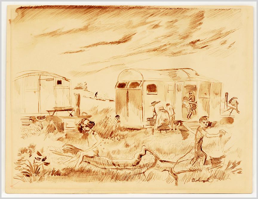 Aaron Bohrod (American, 1907-1992) Trailer Living.: Aaron Bohrod (American, 1907-1992) Trailer Living. Ink drawing, signed lower right, with a female figure en verso, unframed 9.25" x 12"