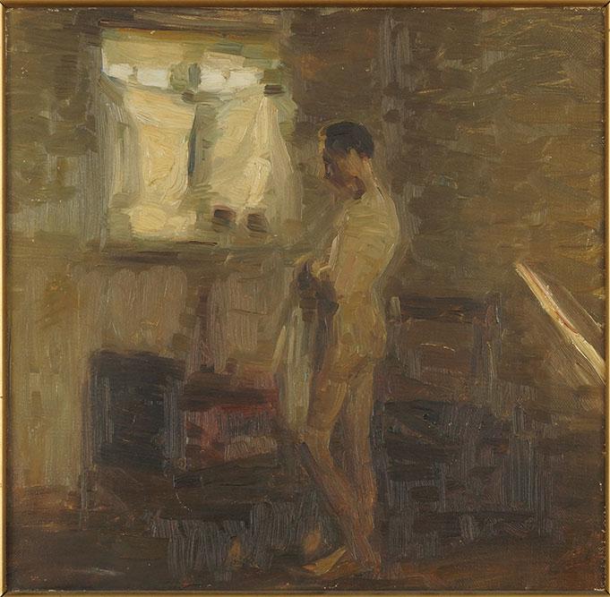 Artist Unknown (Danish, 19th / 20th Century) Nude in: Artist Unknown (Danish, 19th / 20th Century) Nude in the Studio. Oil on canvas, C. 1910, unsigned. In the style of the Skagen School Canvas: 12 1/4" x 12 1/2" Frame: 15" x 15 1/2"