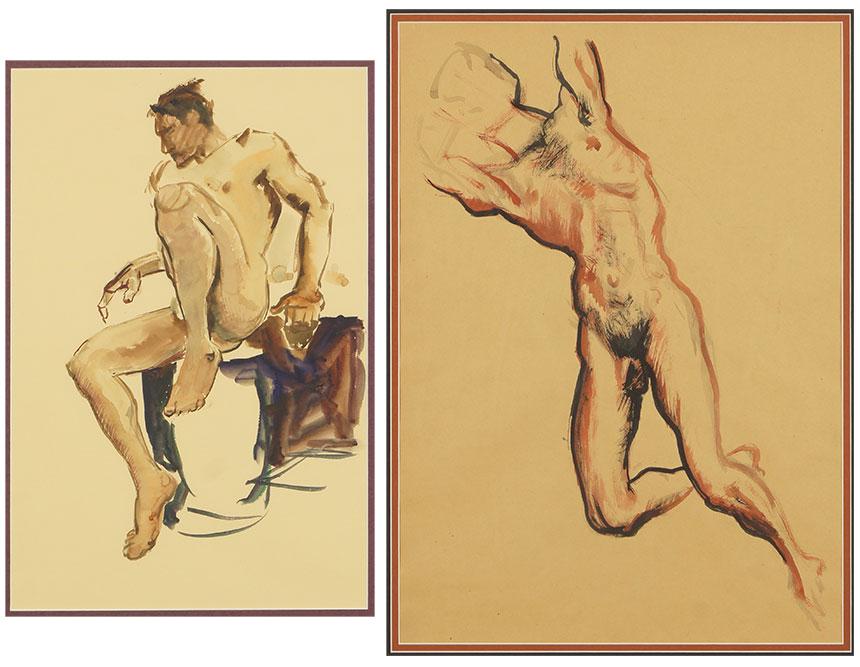 Erwin Stolz (Austrian, 1896-1987) Reclining Male Nude.: Erwin Stolz (Austrian, 1896-1987) Reclining Male Nude. Watercolor, unsigned, stamped "Nachlass Erwin Stolz" en verso. Together with an Artist Unknown watercolor of a seated nude male Stolz frame: 14 1