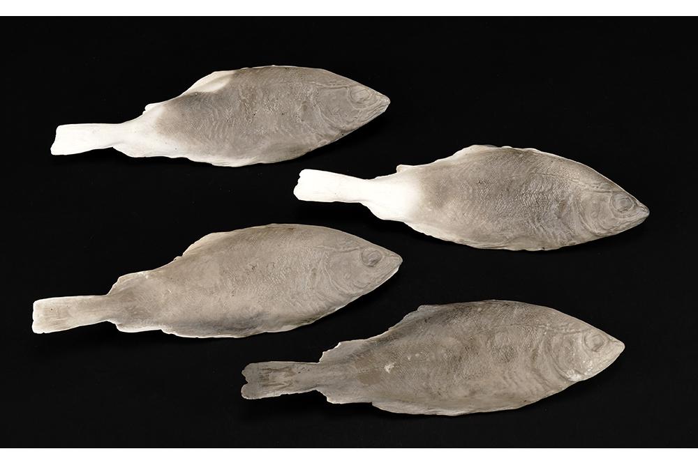 Glenys Barton (British, B. 1944) Four Fish with: Glenys Barton (British, B. 1944) Four Fish with Hieroglyphics, 1980. Case bone china, polished, sawdust firing. Exhibited: British Ceramics Today, Octagon Center for the Arts, Ames, IA, 1980, (illustr