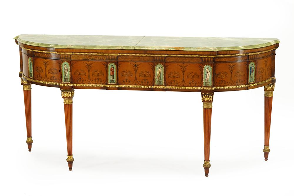 An Adam Style Sideboard.: An Adam Style Sideboard. Inlaid and painted wood sideboard with gilding throughout and a two piece green onyx top 35.5" x 78" x 20.5"
