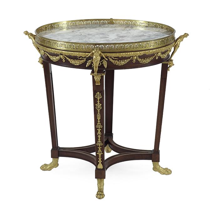 A Louis XVI Style Ormolu Mounted Mahogany Gueridon.: A Louis XVI Style Ormolu Mounted Mahogany Gueridon. Featuring a brass gallery ledge, four brass maiden figural supports, and raised on paw feet 30.5" x 27" x 23"