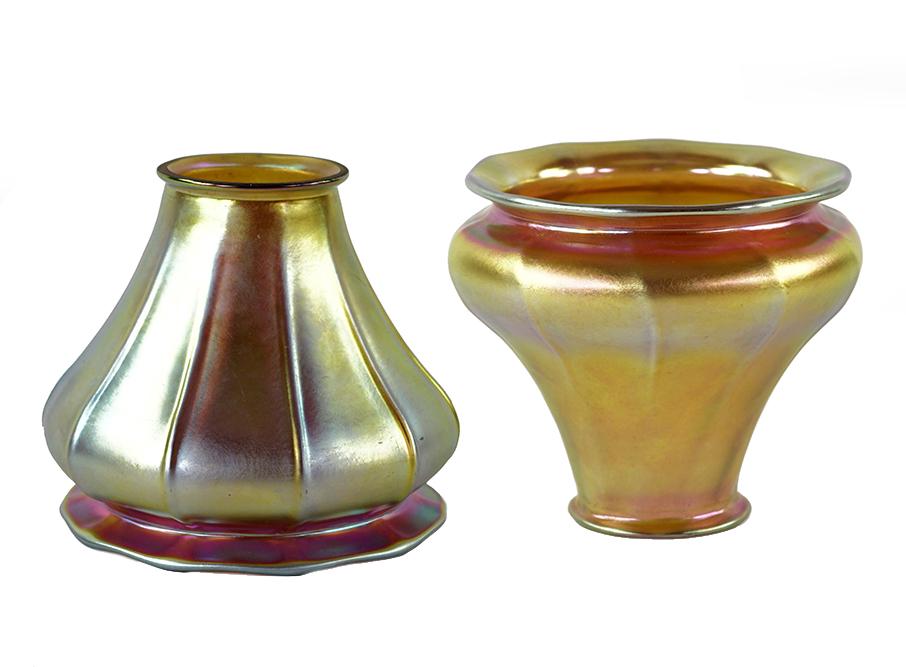 A Near Pair of Steuben Glass Shades.: A Near Pair of Steuben Glass Shades. Aurene glass shades, both with Steuben acid banner marking 4" x 4.75"