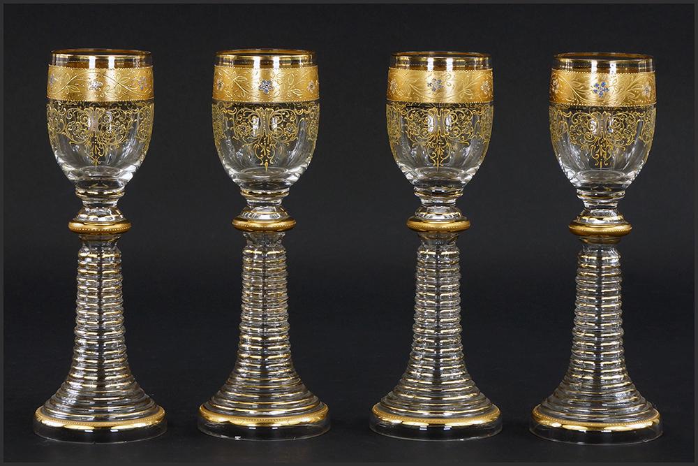 A Set of Eleven Enameled and Gilt Decorated Rhine Wine: A Set of Eleven Enameled and Gilt Decorated Rhine Wine Glasses. Moser style Height: 8.75"