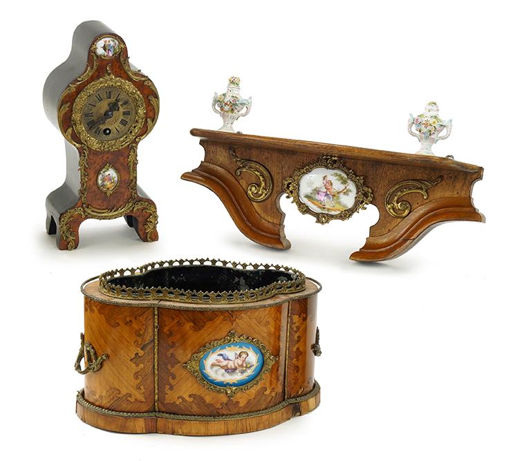 A Collection of French Decorative Items.: A Collection of French Decorative Items. Including a clock, shelf, and a planter Height: 11.5"