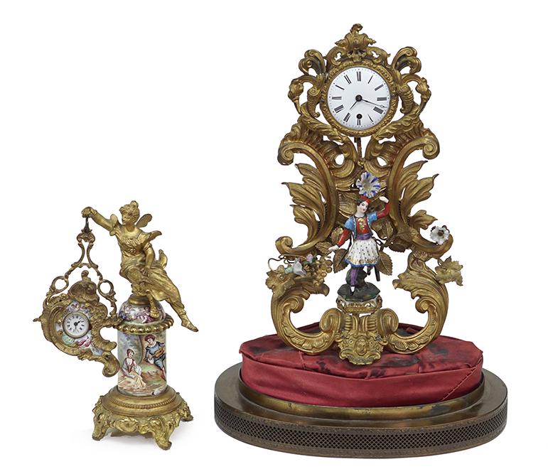 Two 19th Century French Gilt Metal and Enamel Clocks.: Two 19th Century French Gilt Metal and Enamel Clocks. One with enamel decoration, the other a porcelain figure Taller: 8"