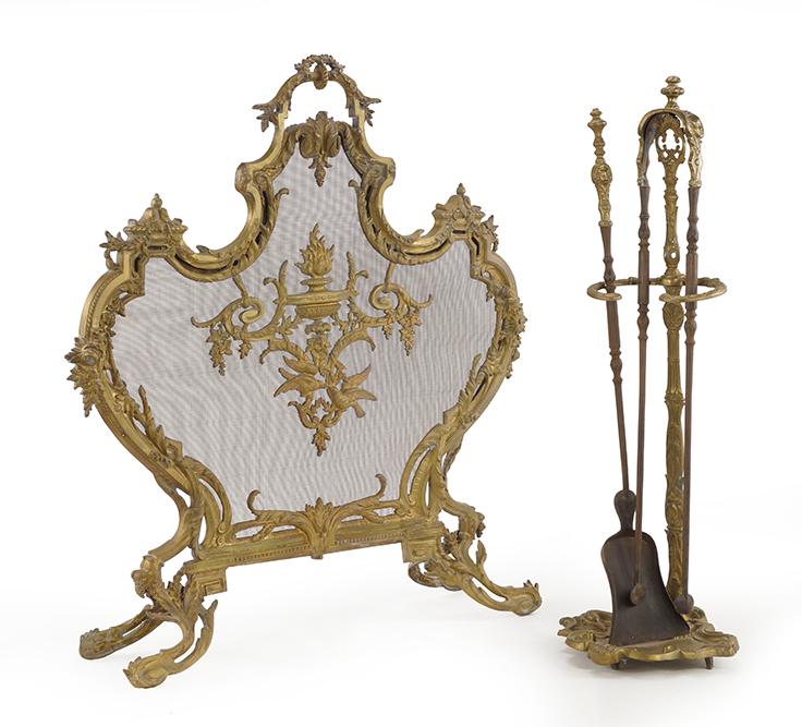 A French Antique Firescreen.: A French Antique Firescreen. Together with tools 31" x 29"