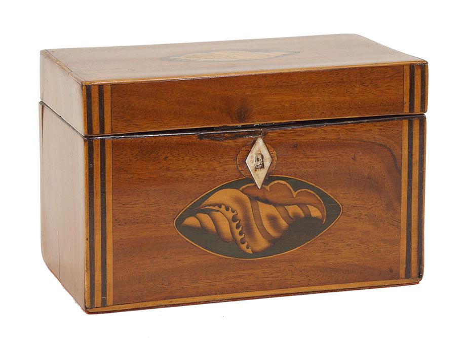 An English Regency Tea Caddy.: An English Regency Tea Caddy. Mahogany tea caddy with satinwood parquetry inlay and two marquetry inlaid shells 4.75" x 7.25" x 4"