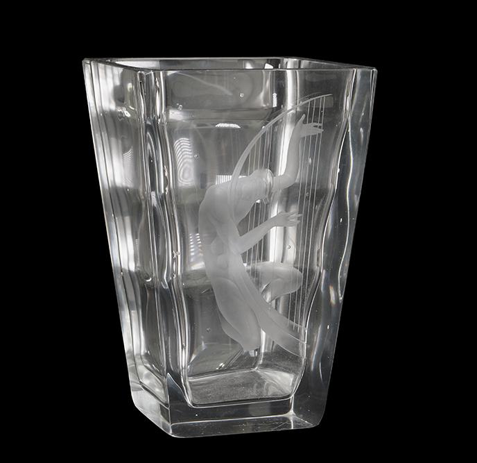 A Vicke Lindstrand for Orrefors Crystal Vase.: A Vicke Lindstrand for Orrefors Crystal Vase. Etched crystal vase depicting a nude man playing a harp. Signed and numbered on the underside 8 5/8" x 5.5" x 5.5"