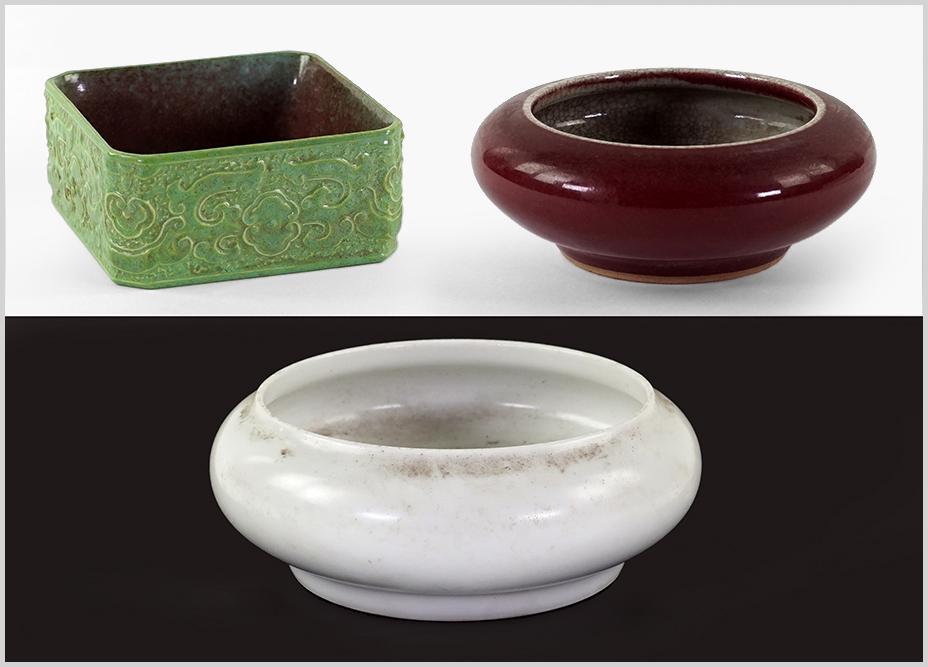 Three Chinese Porcelain Brush Washers.: Three Chinese Porcelain Brush Washers. One sang de boeuf with a turquoise interior (unmarked), one apple green glazed with a mottled interior (impressed archaic Qianlong), and a celadon glazed (impres