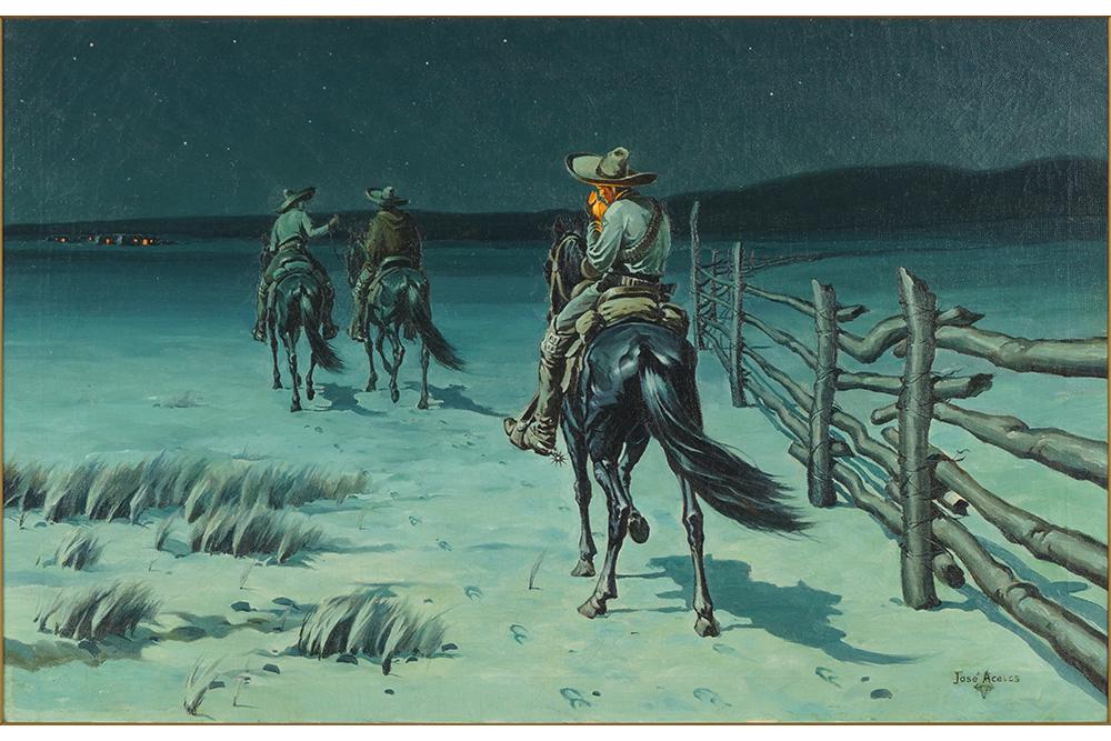Jose Aceves (Mexican-American, 1909-1968) Cowboys at: Jose Aceves (Mexican-American, 1909-1968) Cowboys at Night. Oil on canvas, signed lower right 24" x 38" Frame: 32.5" x 46.5"