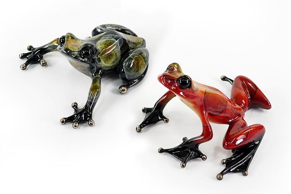 Tim Cotterill (British, B. 1950) Two Frogs.: Tim Cotterill (British, B. 1950) Two Frogs. Each is a polychrome bronze frog in red/orange and black with orange and grey spots. Red frog is dated, signed and numbered "08 Tim AP 20/100". Black frog i