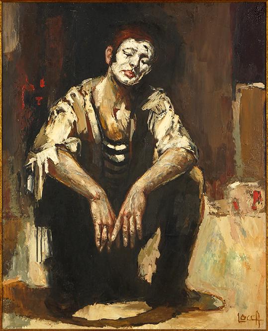 Bernard Locca (French, 1926-1997) Clown at Rest.: Bernard Locca (French, 1926-1997) Clown at Rest. Oil on canvas, signed lower right 31" x 25" Frame: 38.5" x 32.5"